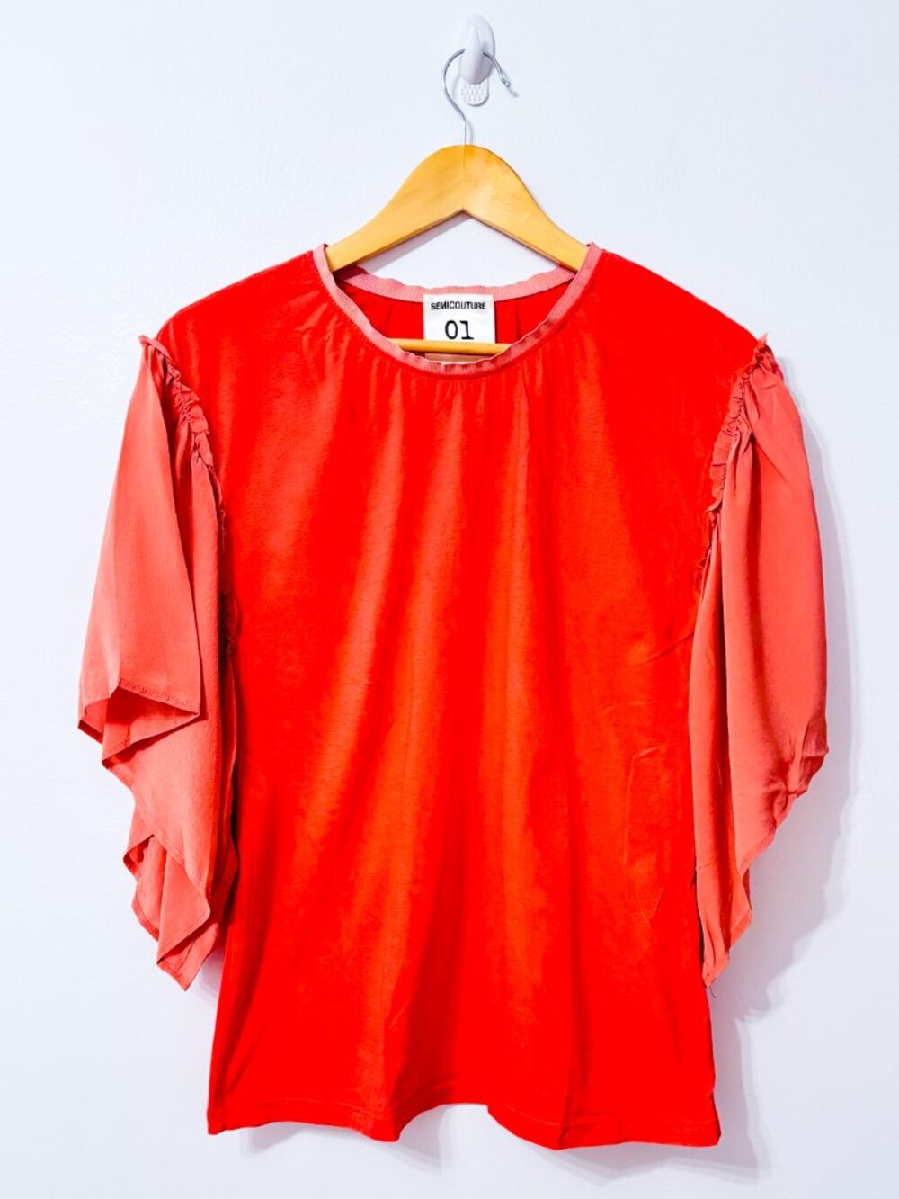 SEMICOUTURE Coral Cotton Silk Ruffle Flutter Sleeve Blouse Top Small